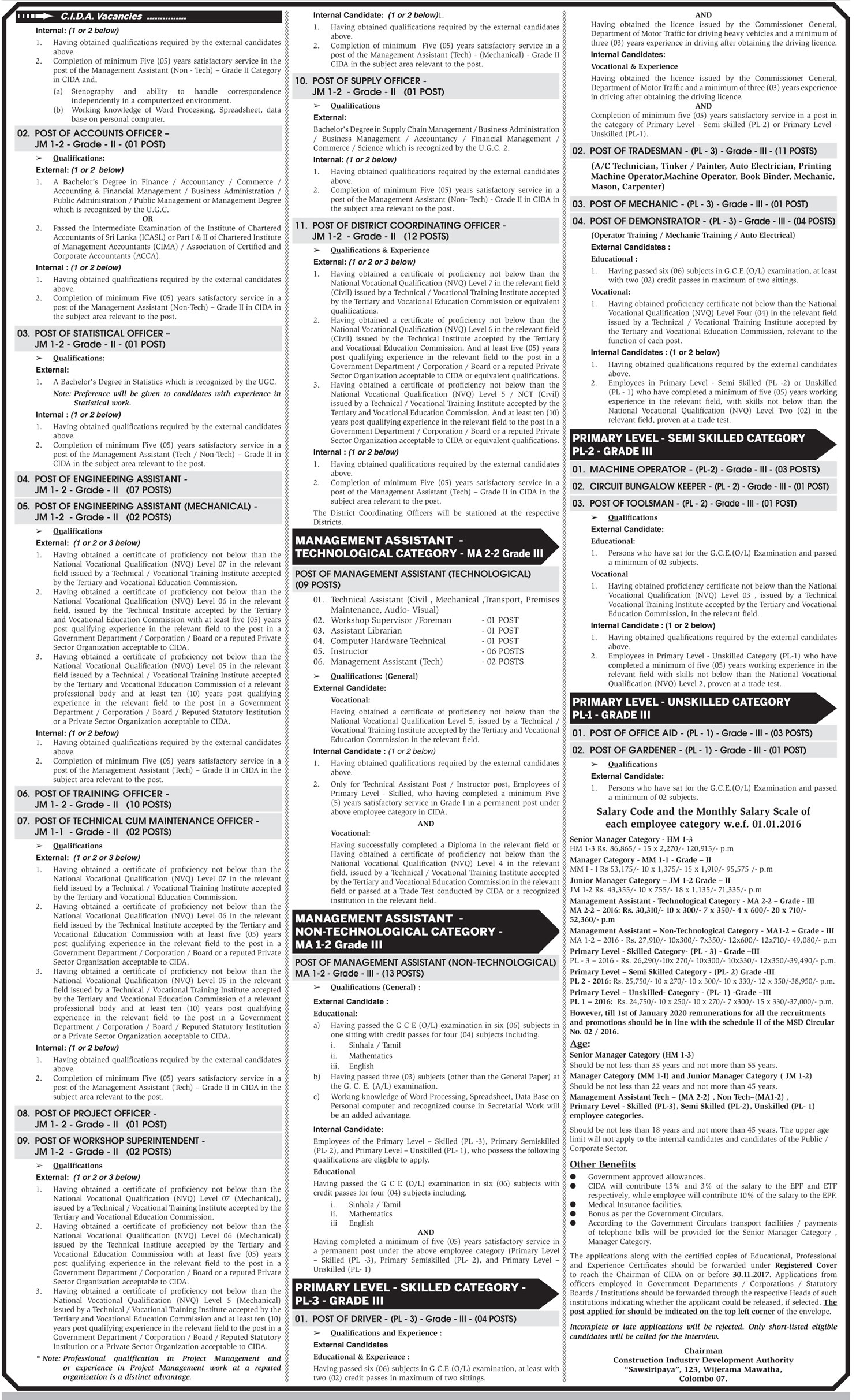 Accounts Officer, Statistical Officer, Engineering Assistant, Technical Assistant, Management Assistant, Driver, Office Aid & more Vacancies Available - Construction Industry Development Authority